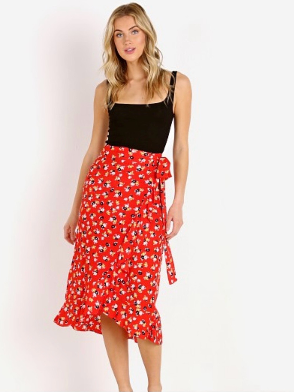 Faithfull the Brand Red Floral Wrap Midi Skirt